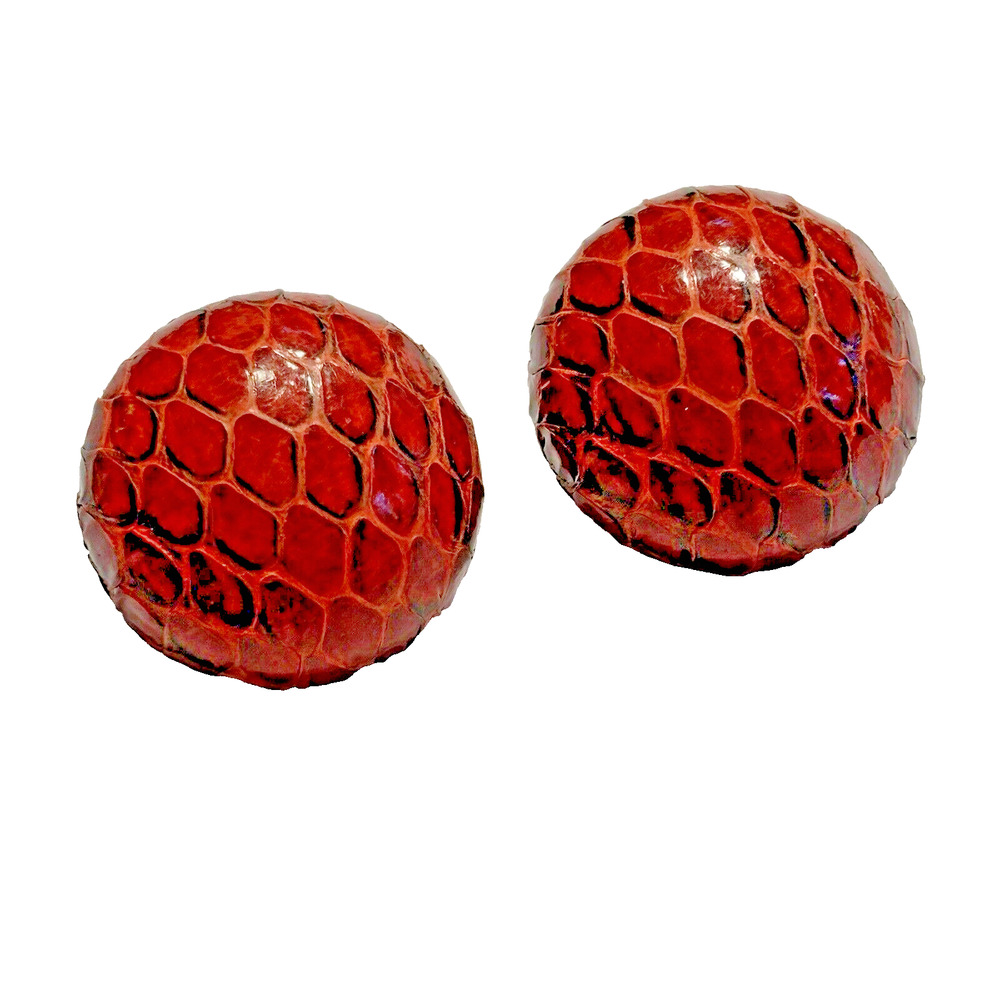 Vintage Mid Century Chunky Clip On Earrings Snakeskin Rounds Red Orange Leather